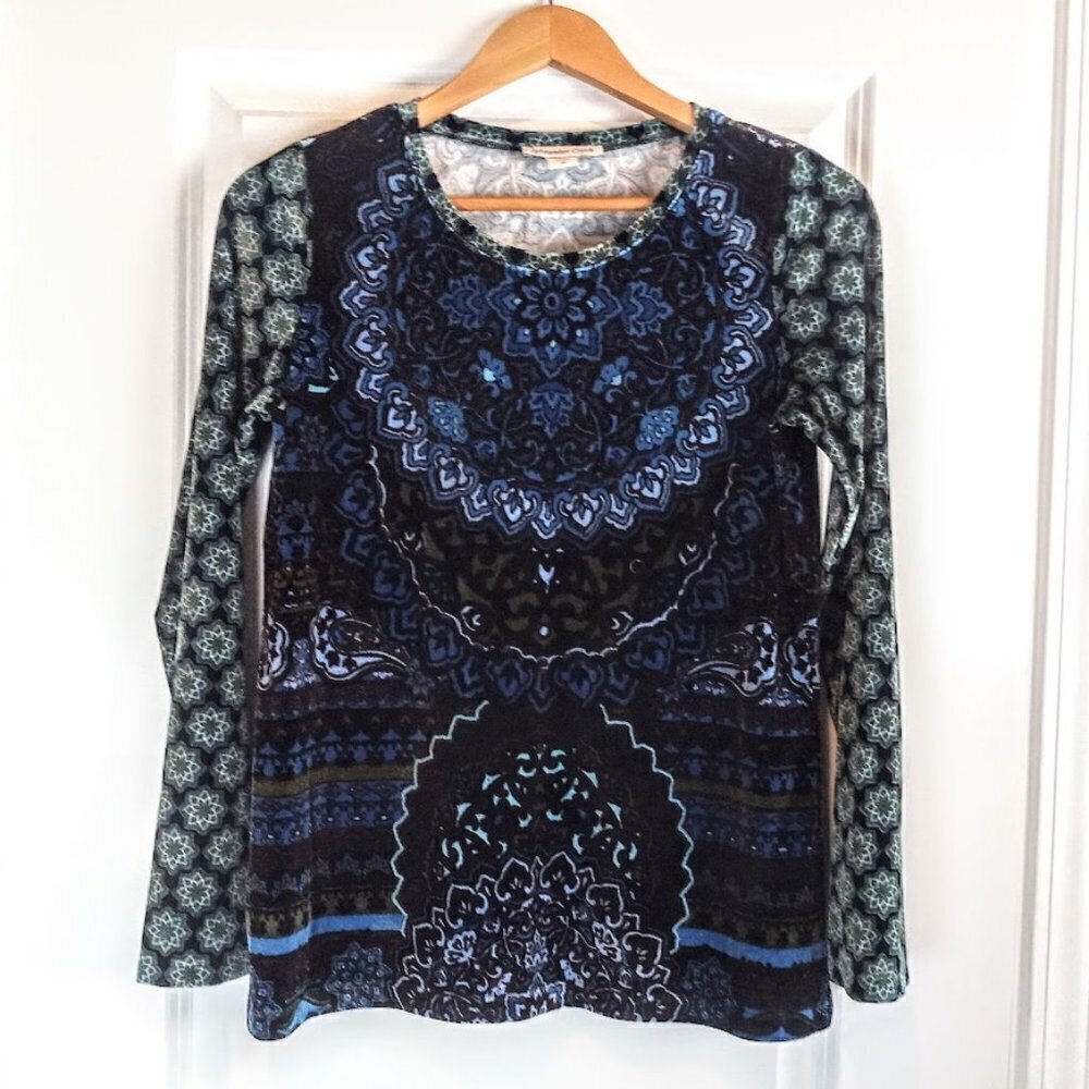 Coldwater Creek Blue Green Paisley Velvet Long Sleeve Top